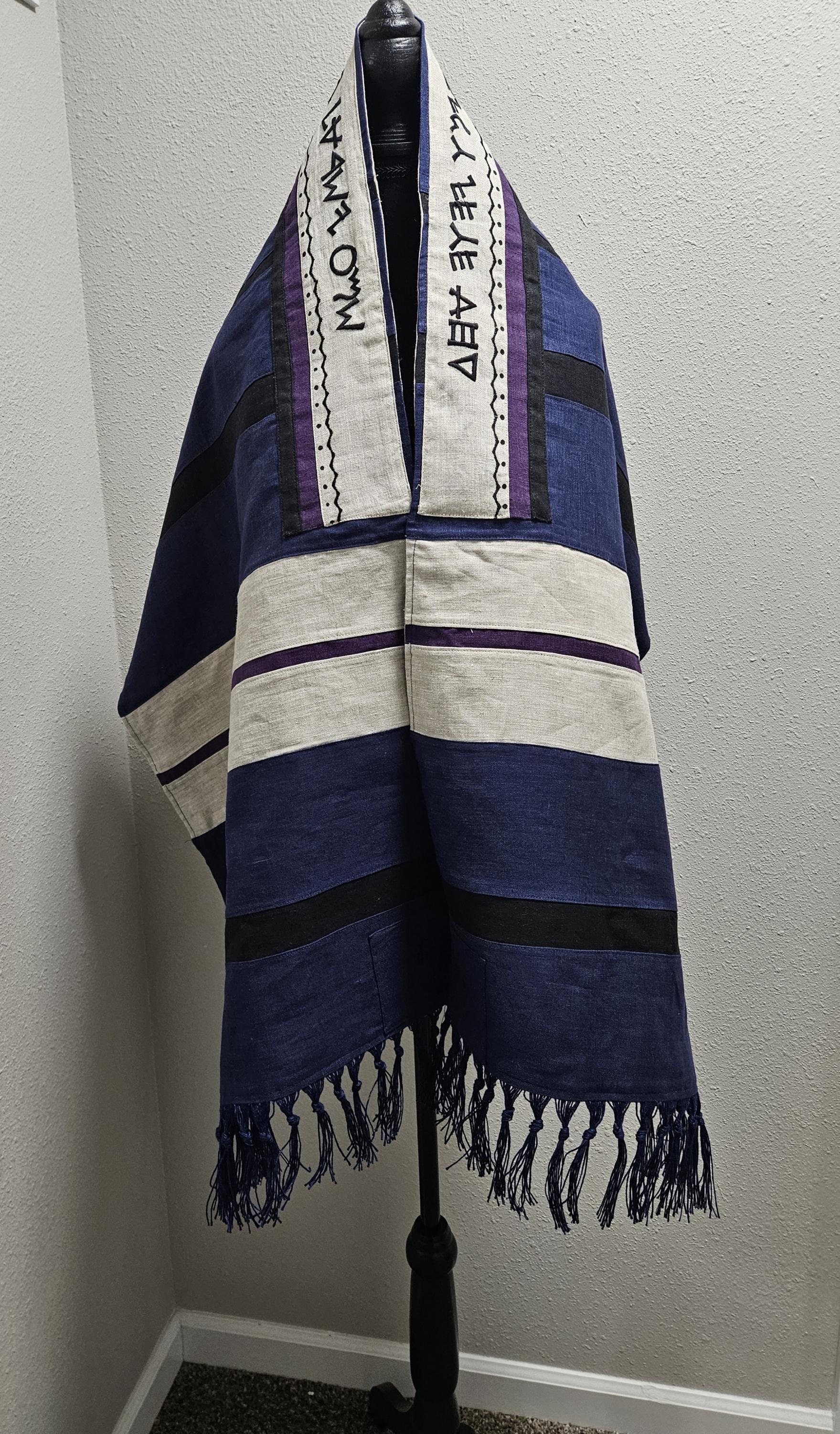 Blue Linen Tallit: Hebrew Prayer Shawl with Paleo Phoenician Script