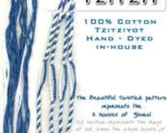 May include: Blue and white Tzitzit, a religious garment, made of 100% cotton. The image shows the twisted pattern and the text "EPHRAIM & JUDAH Two House TZITZIT" and "A ZIPPORAHRESHEL.COM DESIGN".