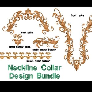 Puede incluir: Un paquete de diseño digital con patrones de cuello y solapa dorados y ornamentados. Los diseños incluyen canesús delanteros y traseros, piezas de borde individuales y bordes de manga/dobladillo. El texto "Neckline Collar Design Bundle" se muestra en verde.