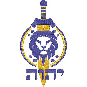 May include: A blue and gold lion head with a sword and shield design. The word "דוד" is written below the lion.