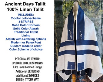 Ancient Days Tallit | 2 Color 100% Linen Medium Weight | Prayer Shawl with tzitzit & lettering