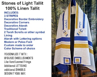 Stones of Light Tallit | 100% Linen Medium Weight | Tribal Pattern Prayer Shawl with tzitzit & Deluxe Features