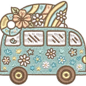 May include: An embroidered design of a teal-colored van with brown wheels, adorned with flowers and a surfboard on top. The van features multiple windows and is decorated with various floral and star motifs.