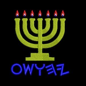 May include: A green menorah with seven candles, each with a red and white flame. The menorah is on a black background with the word "OWYΞZ" in blue letters below it.