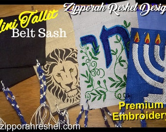 Mini Tallit Belt Sash with tzitzit & symbol options- design your own custom tallit katan micro mini belt sash embroidered banner