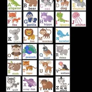 May include: A colorful alphabet chart featuring illustrated animals for each letter. The animals are depicted in a cartoon style with bright colors and simple designs. The letters are in a bold, colorful font.