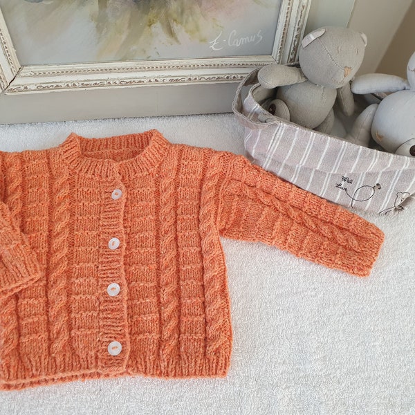 Gilet orange pour bébé de 3 mois,Gille torsde pour petite fille,Gilet coton bio , tricoté main, cadeau de naissance,Couleur orange