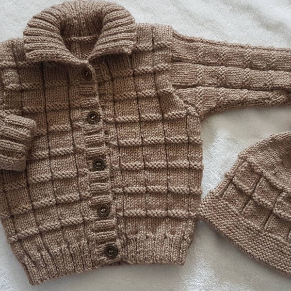 Veste marron et son bonnet en taille 6 mois,Ensemble bébé tricot, Bonnet à pompon marron, Veste bébé tricoté fait main,Cadeau de naisance