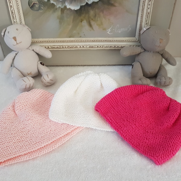 Bonnet naissance 100% coton,Bonnet bébé fille,cadeau de naissnce,Bonnet bébé tricot,Couleurs: rose,fusia ,oeillet,