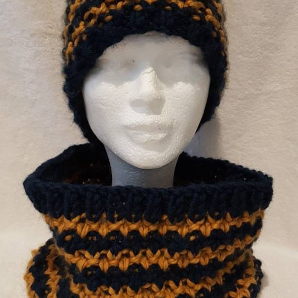 Bonnet femme,Cadeau de Noêl,Bonnet rond,Bonnet à pompon,Snood bleu marine et moutarde