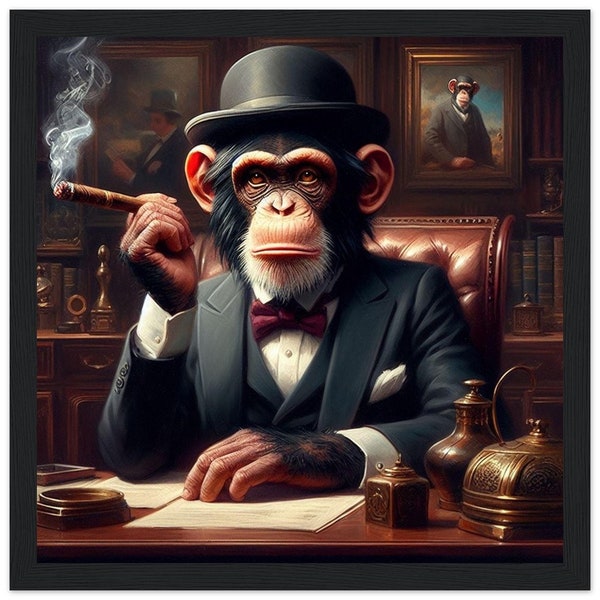 Portrait of Boss  Monkey smoking a cigar in a suit in the office - Rich color tones