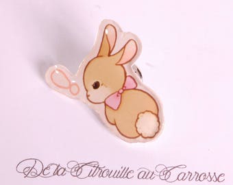Kawaii style rabbit pin badge, pink bowknot
