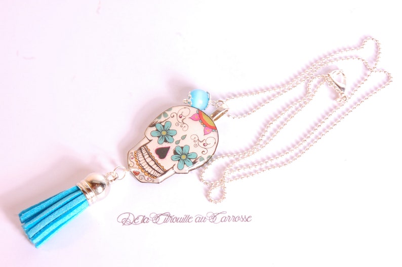 Mexican skull long necklace floral pattern dia de los muertos sugar skull jewelry
