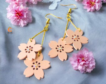 Boucles d'oreille fleurs de cerisier pêche japonisantes, boucles d'oreille en bois sakura