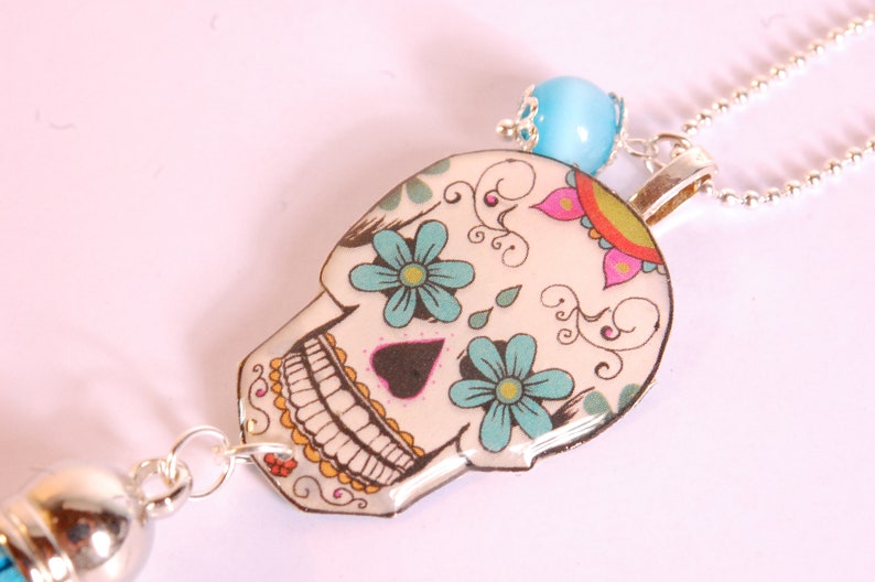 Mexican skull long necklace floral pattern dia de los muertos sugar skull jewelry
