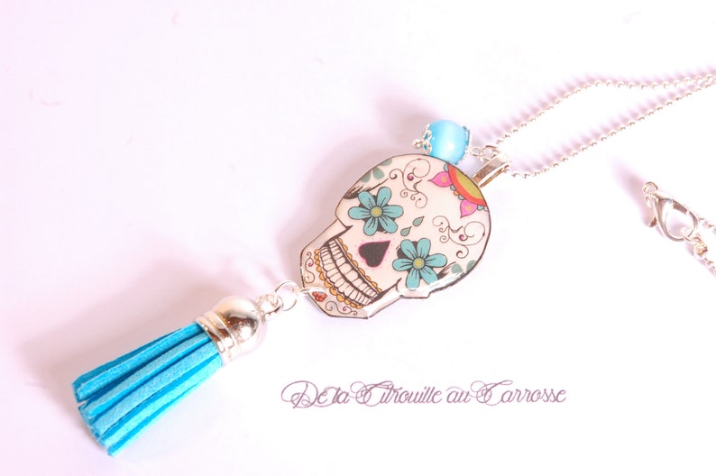 Mexican skull long necklace floral pattern dia de los muertos sugar skull jewelry