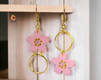 Cherry blossom dangle earrings, sakura cute earrings, wood earrings,