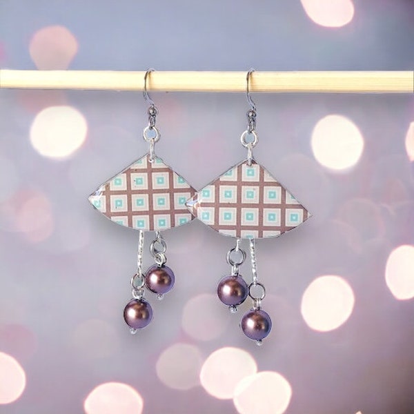 Boucles d'oreilles éventail, boucles d'oreilles perles marron, motif damier