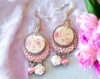 Mismatched romantic earrings dangle boho with pink flowers