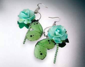 Green butterfly earrings dangle, birthday gift butterfly earrings, nature earrings