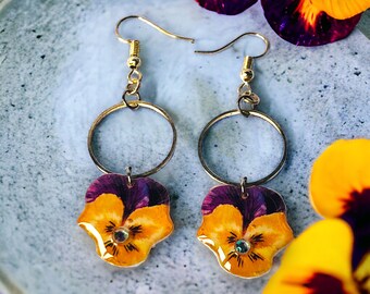 Pansies pierced earrings dangle boho, flower earrings handmade gift
