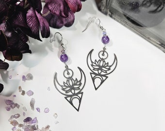 Lotus & Moon Crystal Earrings, Witchy Vibe Jewelry, Silver Moon Baubles, Amethyst Boho Style Dangle Charms, Gift for Mom, Gift for her