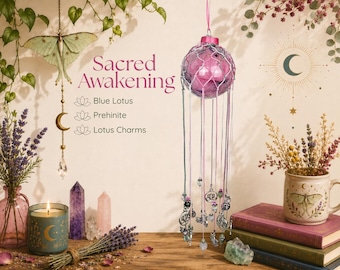 May include: A hanging ornament featuring a reflective pink glass sphere encased in a silver wire net with dangling ribbons, beads, and charms. Text reads Sacred Awakening, Blue Lotus, Prehnite, and Lotus Charms. The design includes various botanical and celestial elements.