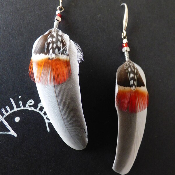 boucles d'oreille en plumes naturelles avec crochet en argent