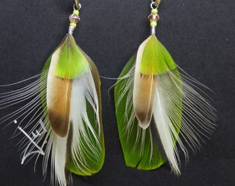 natural feather earrings, silver hook, freshwater cultured pearls, stone beads.