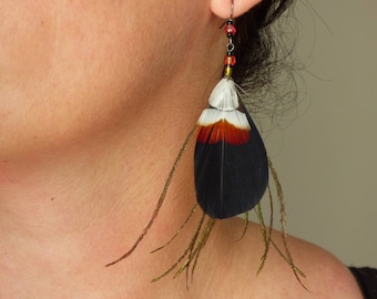 black and red feather earrings with glass beads