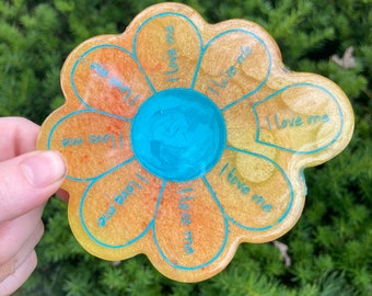 I love me flower coaster - loopcoop yellow teal blue retro bright vibrant unique gift epoxy resin positivity self love care mental health
