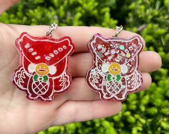 Blathers owl keychains- loopcoopshop green resin animal crossing gift game musuem new leaf horizons handmade acnh cute bright red brown