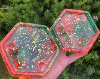green orange hexagon coasters - loopcoop gold glitter retro bright vibrant unique gift epoxy resin tray shiny handmade sparkly birthday