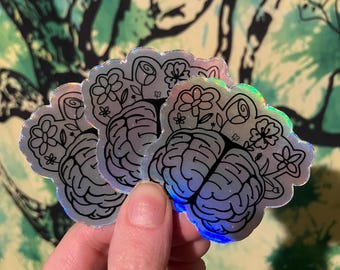 brain growing flowers sticker- holographic silver gray mental health positivity
