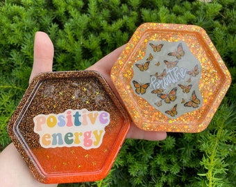golden orange hexagon coasters - loopcoop gold glitter retro bright vibrant unique gift epoxy resin tray positive energy breathe butterflies