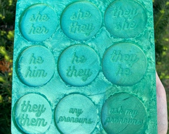 PREORDER pronoun pin silicone molds (she her he him they them) - resin casting green loopcoopshop loopcoop circle round badge neopronouns