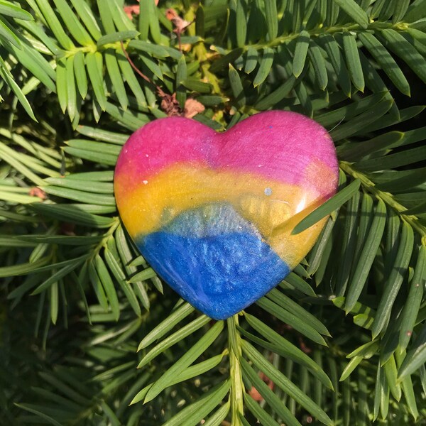 Pink yellow blue heart keychains pins or magnets