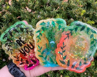 BE YOU resin art coaster- wall home decor loopcoopshop mental health green gold orange pink plants self care epoxy unique handmade