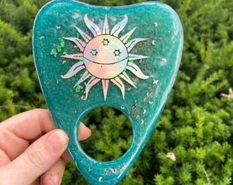 teal blue sun planchette - loopcoop home decor wall art silver holo holographic gold handmade hippie epoxy resin witchy witch