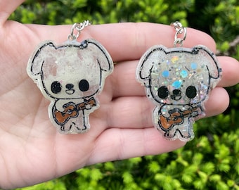 kk slider dog keychains- loopcoopshop green resin animal crossing gift game new leaf horizons handmade acnh cute bright musician white