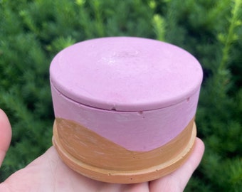 pink and gold round box - loopcoop jewelry stash box gold plaster cement storage container retro pastel gifts for women girls birthday