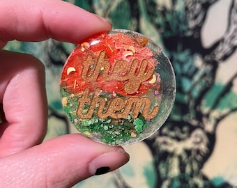 Green orange gold pronoun pins/ keychain/ magnet she her he him they them retro