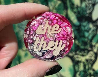 pink grey pronoun pins/ keychain/ magnet she her he him they them