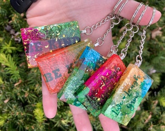 Live laugh grow, be kind keychains- loopcoopshop green resin mental health self care growth green gold sparkly plants pink blue orange