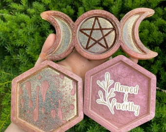 mauve pink coasters tray - loopcoop gold glitter unique gift epoxy resin holo holographic positive quotes  worthy witchy triple moon love