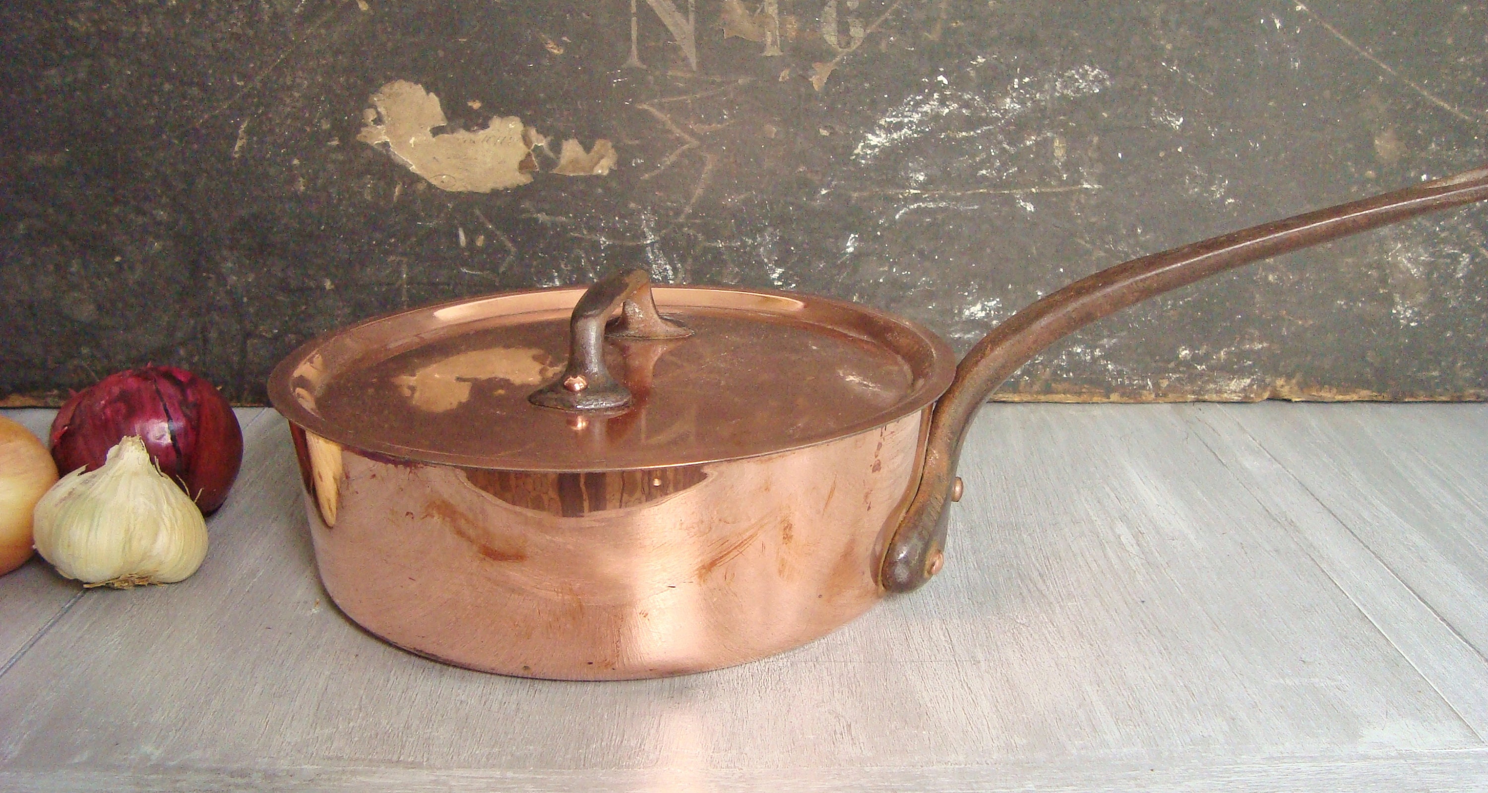 Copper Soup Pot Dutch Oven Brass Handles & Lid Antique WALDOW Brooklyn NY 10  Steel Vintage Cookware French Style 5-quart Rondeau Sauté Pan 