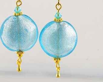 BOUCLES d'oreilles perles Venise turquoise doux et cristal