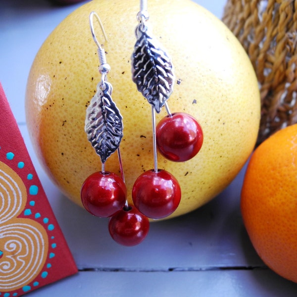 2 Couleurs BOUCLES D'OREILLES "cerise" et perles magiques