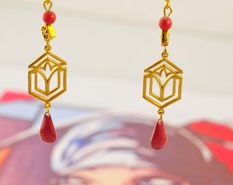 BOUCLES of golden, retro earrings with red beads