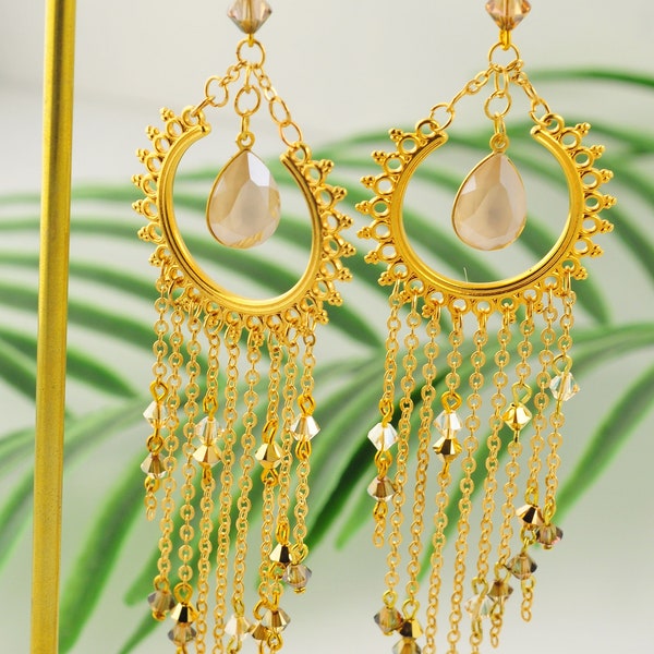 BOUCLES d'oreilles dorées et gouttes, toupies cristal